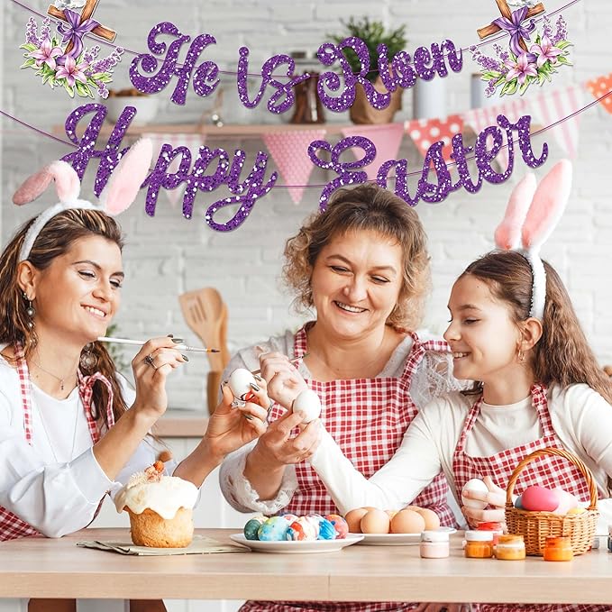 CC HOME Purple Glitter Happy Easter Cross Banner He is Risen Party Hanging Banner Easter Theme Birthday Bridal Wedding Baby Shower Boys Girls Kids Home Classroom Party Supplies Decoration