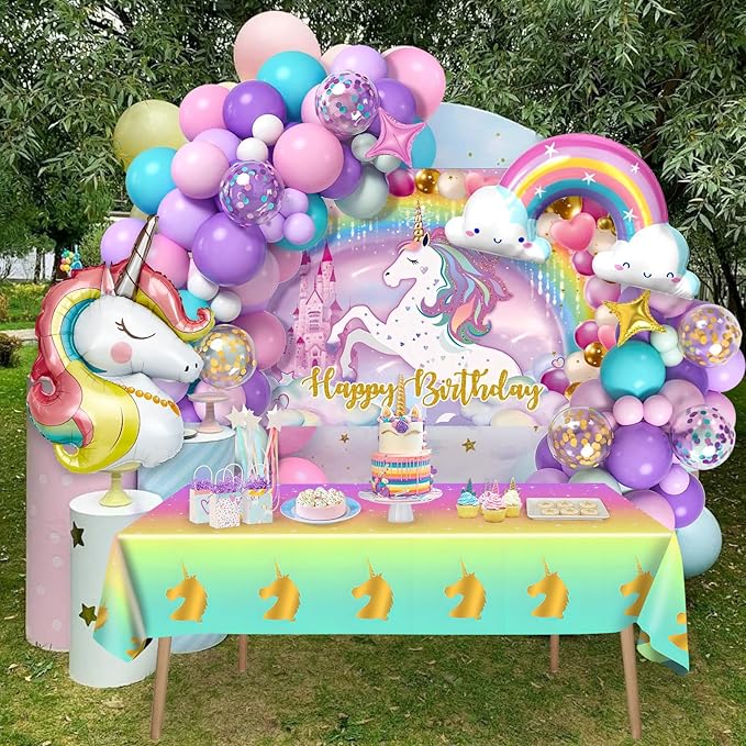 Winrayk 144Pcs Purple Unicorn Party Decorations Birthday Supplies for Girls, Purple Pink Blue Balloon Arch Kit with Backdrop Tablecloth Foil Balloons, Kids Rainbow Unicorn Themed Birthday Decorations