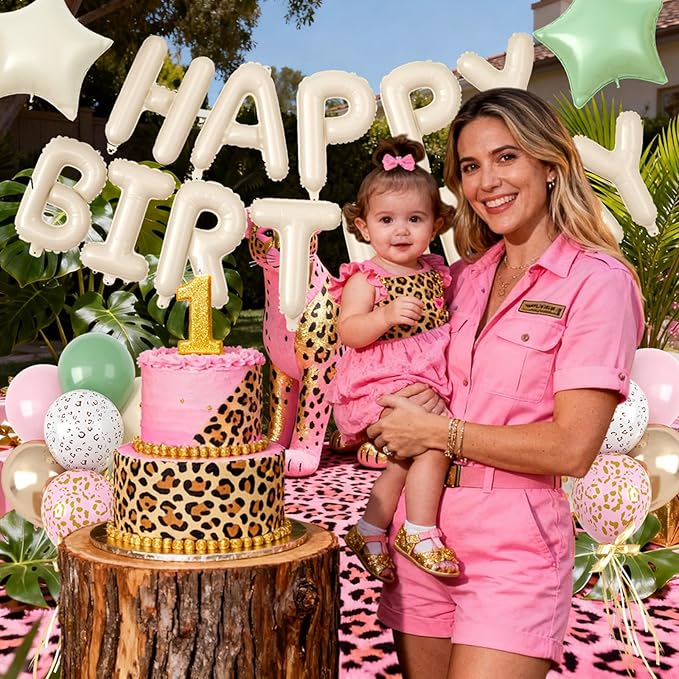 29PC Cream Pink Leopard Happy Birthday Balloon Banner, 16Inch 3D Aluminum Letter Banner Sign, White Pink Cheetah Printed Balloons 18 Inch Green Star Foil Balloon for Forest Party Decorations