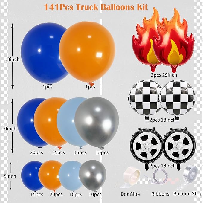 141PCS Blue Orange Race Car Balloon Arch Kit with Flame Foil Balloons, Monster Truck-Inspired Birthday Decorations, Tire Balloons, Racing Party Supplies for Boys, Balloon Garland Kit