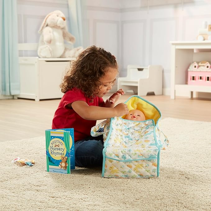Melissa & Doug Mine to Love Bassinet Play Set Portable Carrier for Dolls with Crinkle Toy, Nursery Rhyme Book