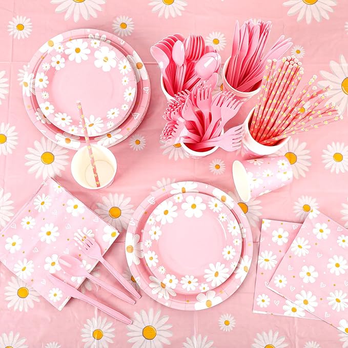 Sawysine 202 Pcs Daisy Happy Birthday Party Supplies Disposable Dinnerware Set 50 Plates 25 Cups 25 Napkins 25 Plastic Forks 25 Knives 25 Spoons 25 Straw Flag Tablecloth to Serve 25 Guests