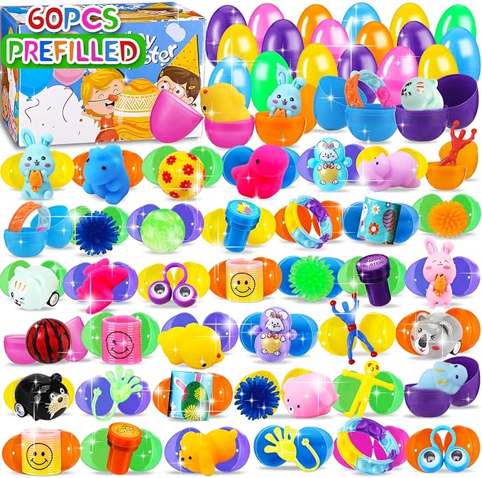 60PCS Prefilled Easter Eggs with Toys Inside, Easter Basket Eggs Filled Stuffers, Easters Theme Party Favors Fidget Hunting Assortment Toys, Treasure Box Party Supplies
