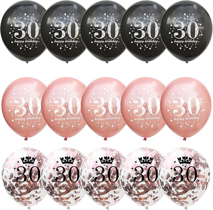 30th Birthday Balloons Rose Gold for Women, Pack of 15 Happy 30th Birthday Party Decorations for Her, Black Rose Gold 30th Balloons for Age 30 Years Old Birthday Celebration Party Decorations Supplies