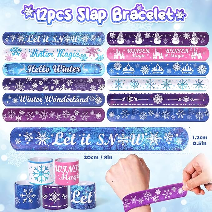 Winrayk 98Pcs Frozen Party Favors Birthday Supplies, Non Woven Tote Bag Stamper Snowflake Keychain Sticker Slap Bracelet, Pinata Filler Goodie Stuffer Classroom Prizes Kids Girls Winter Frozen Decor