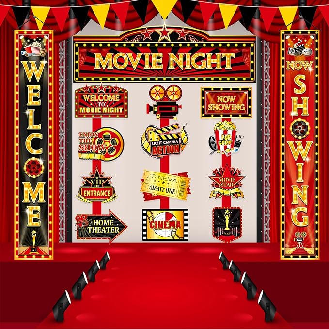 ShinyRelief 14 Pcs Movie Night Decorations Set Welcome Now Showing Door Banners Movie Theme Directional Signs for Home Film Red Carpet Event Awards Night Background Ceremony Party Supplies