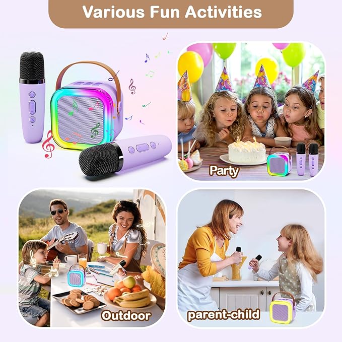 ShinePick Kids Karaoke Machine with 2 Wireless Microphones Portable Bluetooth Mini Karaoke Machine Speaker Kids Toys Christmas Birthday Gift for 3 4 5 6 7 8 9 10 11 12+Year Old Girls Boys (Purple)