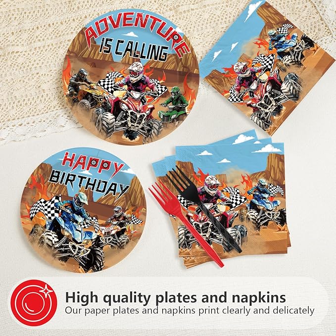 96Pcs Four Wheeler Birthday Decorations ATV Quad Bike Party Plates and Napkins Dirt Bike Motocross Tableware Set for Kids Teens Boys Girls Birthday Party Supplies Serves 24