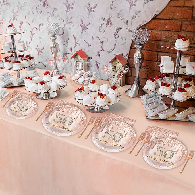 96 Pieces 50th Birthday Tableware Set for Pink Rose Gold 50th Birthday Table Decorations Supplies Pink Rose Gold Happy 50 Years Old Dessert Paper Plates Napkins Forks for 24 Guests Women Supplies