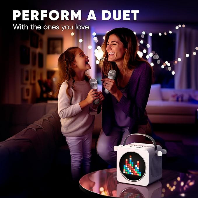 MASINGO Portable Mini Karaoke Machine for Kids and Adults with Dual Wireless Bluetooth Microphones, Animated LED Display, USB/Aux/MicroSD, Voice Effects, Fun Karaoke Toy for Girls and Boys, Animato S1