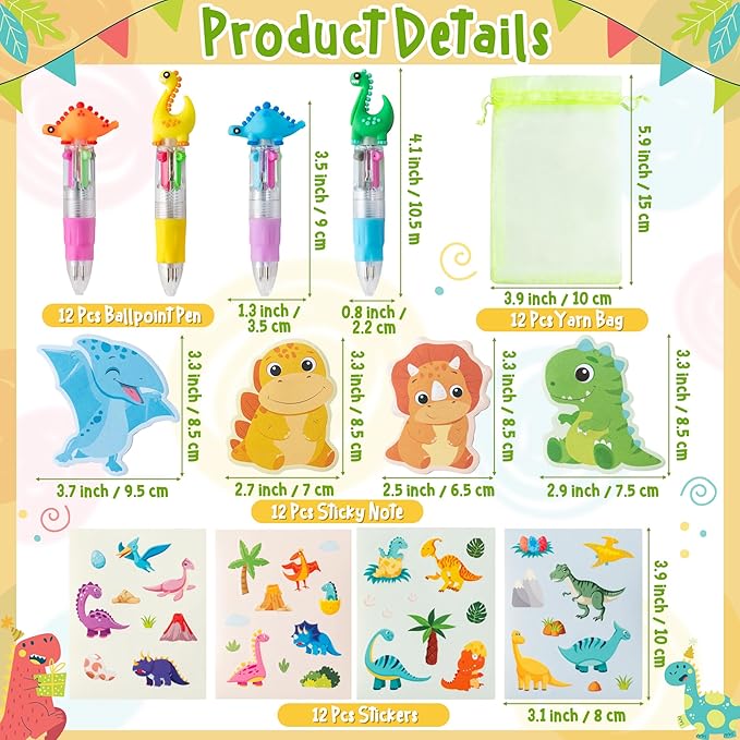 CY2SIDE Dinosaur Stationery Party Gift - 24 Pack Spring Stuffers Prizes with Dino 4-in-1 Ballpoint Pens Sticky Notes Stickers and Organza Animal Party Favors Goodie Bag Fillers for School Rewards