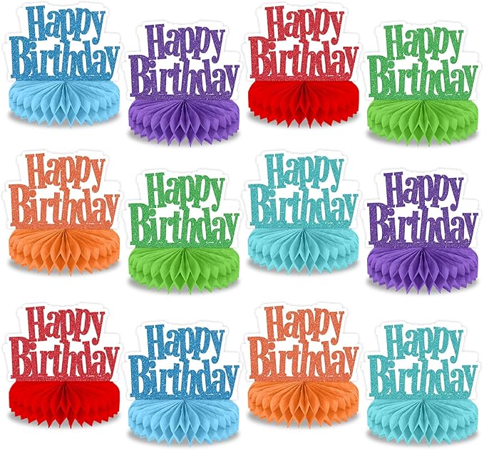 12Pcs Happy Birthday Centerpieces Colorful Birthday Party Decorations Glitter Happy Birthdays Table Honeycomb Centerpieces Decor Table Toppers Ornaments for Glitter Bday Themed Party Supplies Favors