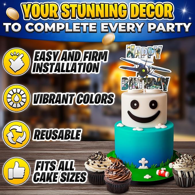 Video Game Cake Topper with 7 Action Figures & Large Logo - Sturdy Cardboard Cake Decorations, Easy Adjustment & Firm Installation - Creative Happy Birthday Cupcake Toppers for Boys & Girls