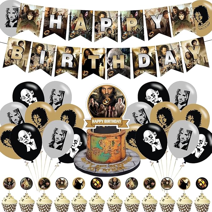The Lord of the Rings Party Decorations,Fellowship of the Ring Birthday Party Supplies Includes Banner- Cake Topper - 12 Cupcake Toppers - 18 Balloons