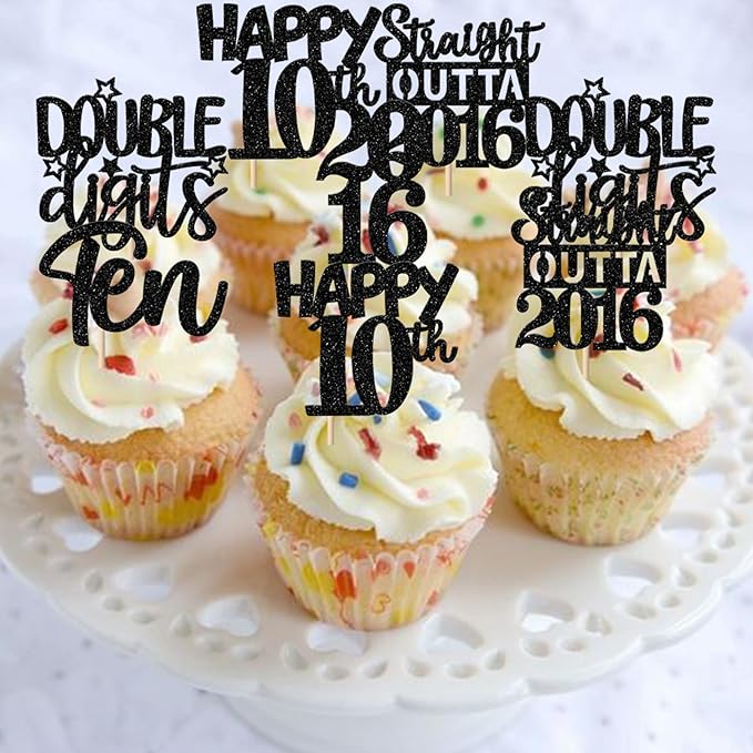 30PCS Black 10th Birthday Cupcake Toppers Glitter Ten Happy 10 Straight Outta 2016 Cupcake Picks for Cheers to 10 Years 10th Birthday Wedding Anniversary Party Cake Decorations Supplies