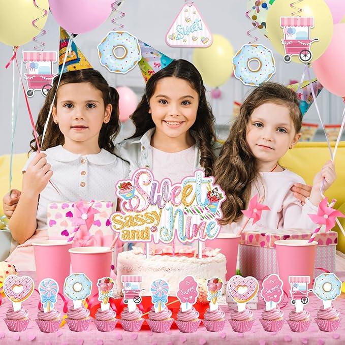 Sweet Sassy And Nine Birthday Decorations- 9th Birthday Decorations For Girls With Donut Banner Sweet Cake Topper 9th Foil Balloon For 9th Donut Themed Party Decor Sweet Nine Party Supplies