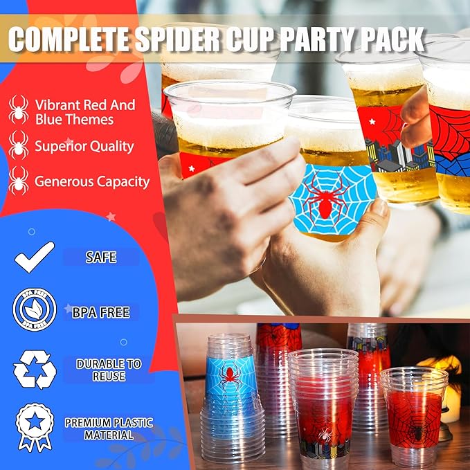 100Pcs Spider Web Birthday Party Decorations Cups, 12 OZ Disposable Plastic Drinking Cups Hot Cold Drink Wine Coffee for Home Sports Birthday Christmas Themed Holiday Party Supplies Favors