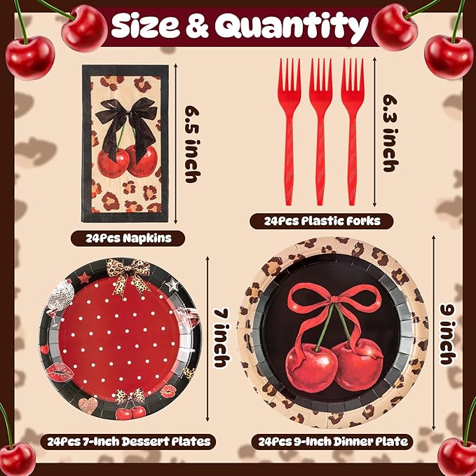 Haooryx Cheetah Cherry Tableware - 96Pcs Red Cherry Bow Leopard Print Decor Red and Black Fruit Themed Disposable Plates Napkins Forks for Girls Birthday Wedding Holiday Party Table Decoration Supply