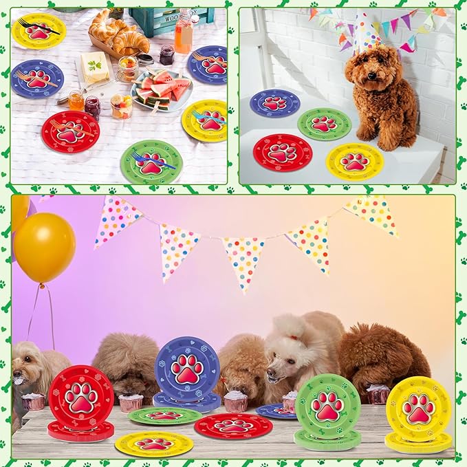 CHUNNIN 48Pcs Dog Paw Party Paper Plates for Dog Birthday Themed Party Supplies 7" Cute Pet Paw Print Disposable Dessert Plates for Boy Girls Kids Baby Shower Puppy Birthday Parties Decorations