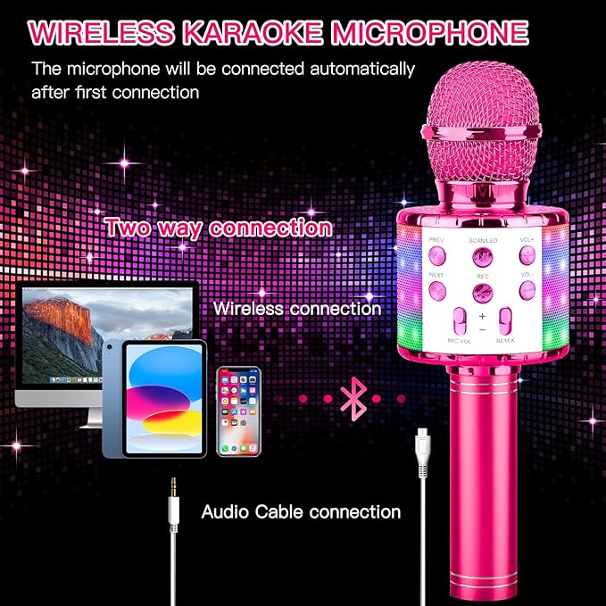 ShinePick Karaoke Microphone, 4 in 1 Wireless Microphone with LED Lights Handheld Portable Karaoke Machine, Home KTV Player, Compatible with Android & iOS Devices(Purple)