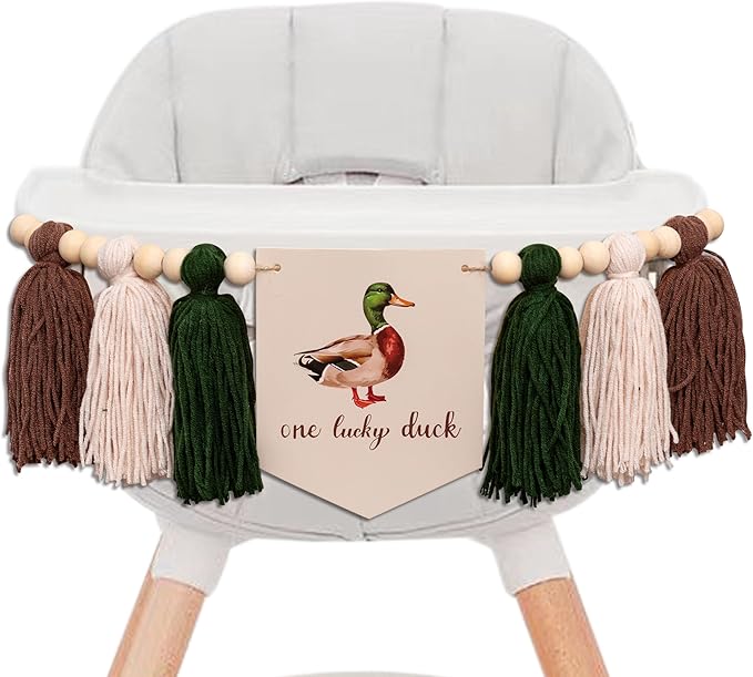 Gostman One Luck Duck High Chair Banner - Mallard Duck Hunting First Birthday Party Supplies,Mallard Duck Sign First Birthday Highchair Banner (mallard duck banner)