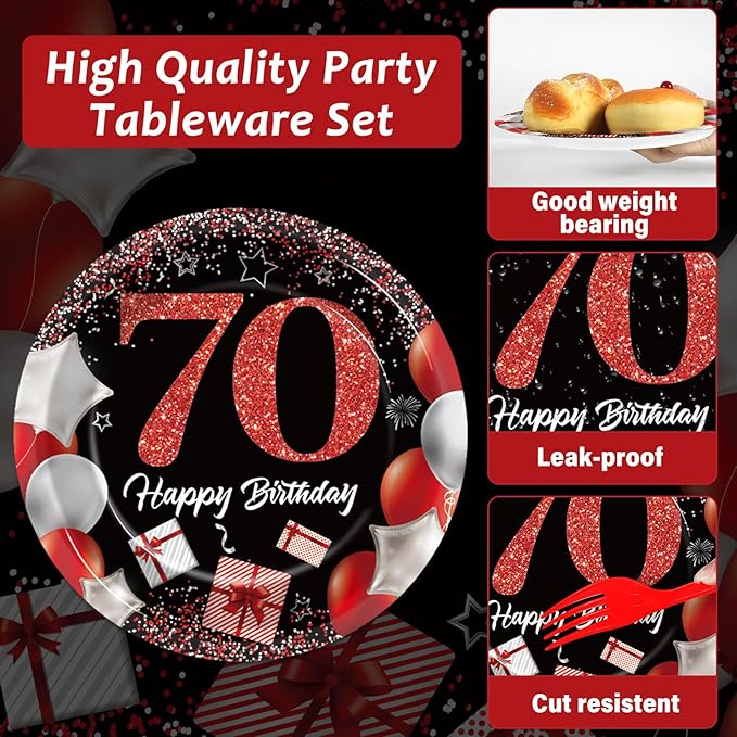gisgfim 96 Pcs 70th Birthday Plates and Napkins Party Supplies 70 Years Old Party Tableware Set Red Black Dinner Dessert Plates 70th Birthday Decorations Favors for Man Women for 24 Guests