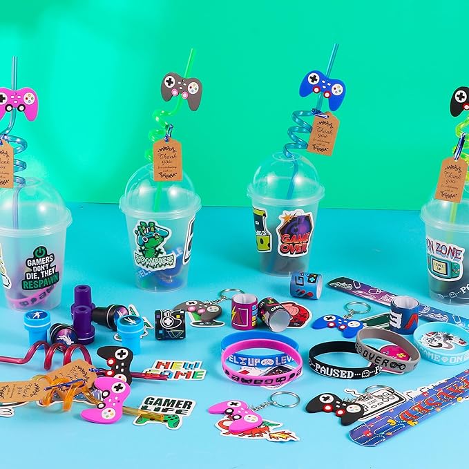 LiYiQ 292 Pcs Video Game Party Favors With Reusable Drinking Straws Cups Slap Bracelets Keychains Gift Tags Stamps Stickers and Twist Ties for Gamer Birthday Party Supplies (Blue and Black Game)