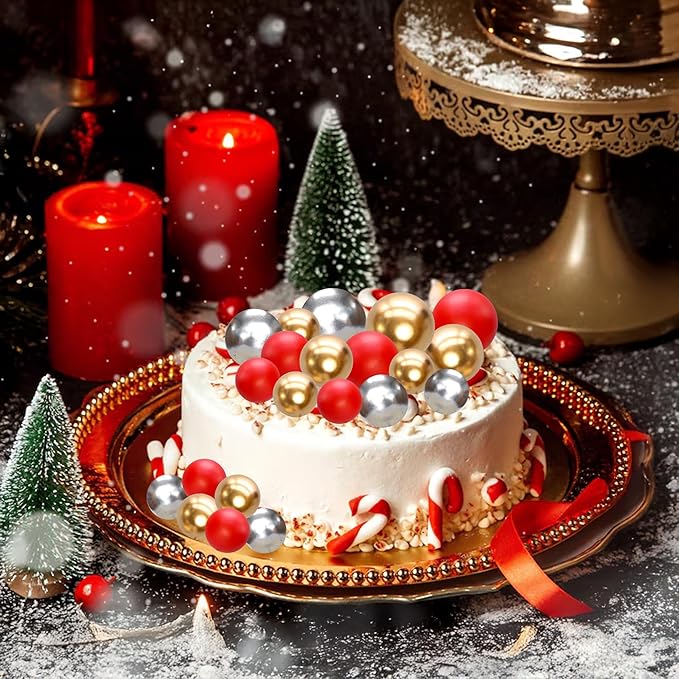 Gyufise 30Pcs Christmas Mini Balloon Cake Topper Foam Ball Cake Picks Cupcake Faux Pearl Balls DIY Cake Insert Topper Decoration for Christmas Graduation Birthday Party Red Gold Silver