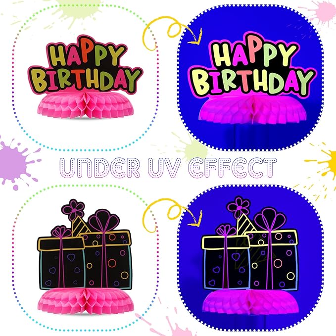 9 Pcs Real Glow in Dark Party Supplies, Glow Under UV Black Light Reflective Ink Printing Neon Honeycomb Birthday Decorations Neon Table Centerpieces Table Party Favor Decorations