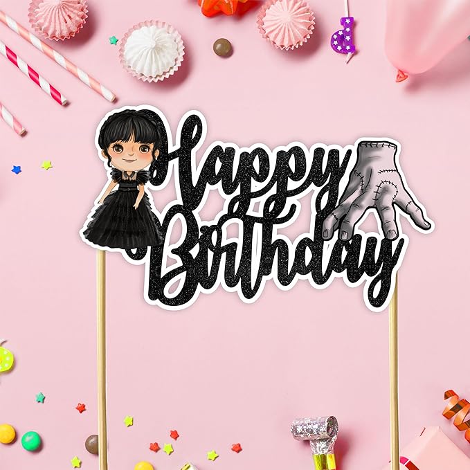 "Wednsday Happy Birthday Cake Topper – Spooky Gothic Theme Birthday Party Decoration – Creepy and Cool Cake Decoration for Adults – Addams Family Inspired Party Supplies for Halloween & Birthdays"