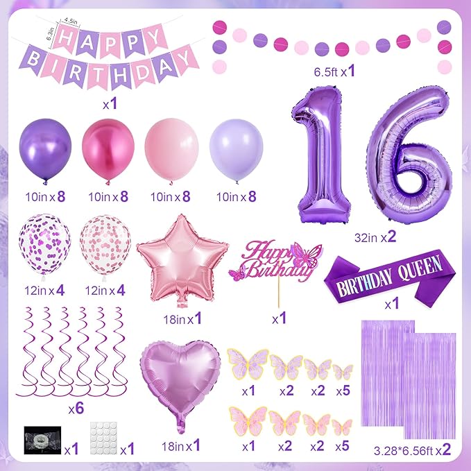 16th Purple Birthday Decorations for Girls, Pink and Purple Happy 16 Birthday Party Decorations with Happy Birthday Banner, Number Foil Balloons, Butterfly Cake Topper for 16th Party Supplies