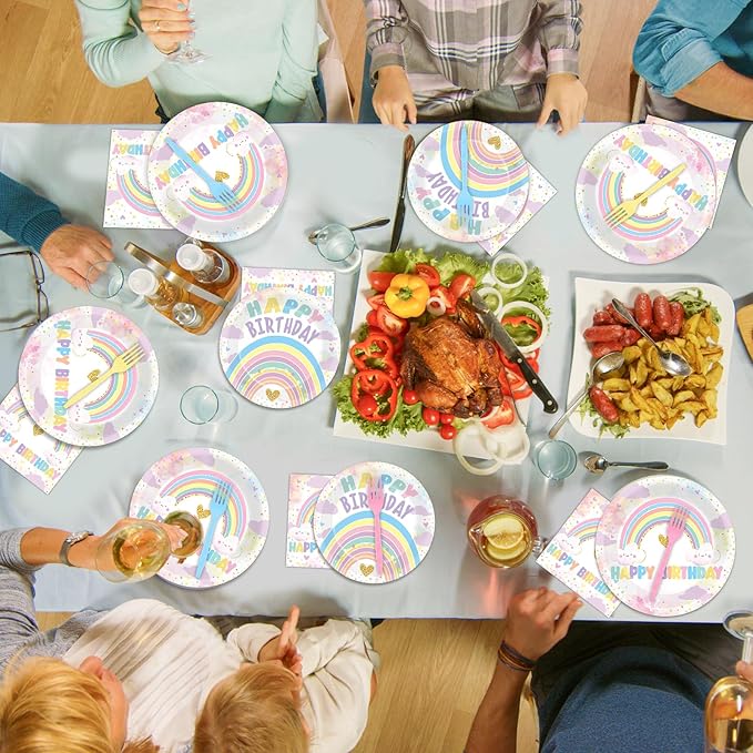 96PCS Boho Pastel Rainbow Party Paper Plates and Napkins for Rainbow Cloud Theme Party Dessert Cake Plates Disposable Decor Girls Happy Birthday Set for Kids Birthday Gatherings Decorations