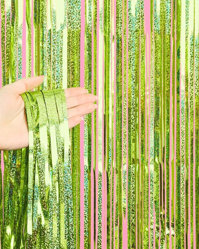 xo, Fetti Party Decorations Lime Green Foil Curtain - Set of 2 | Bachelorette Party Supplies, Birthday Photo Booth, Margartia Bach Decor, Bridal Shower Backdrop