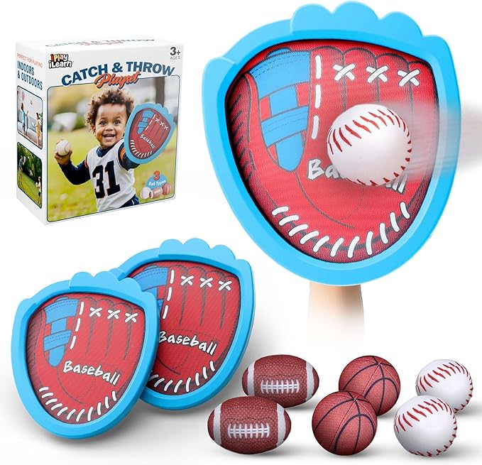 iPlay, iLearn Toddler Baseball Toy, Boy Toss Catching Ball Game Toy W/ 2 Gloves 6 Soft Balls, Sport Outdoor Yard Beach Play for Family Activities, Fun Birthday Gifts 3 4 5 6 7 8-12 Year Old Girl Kids