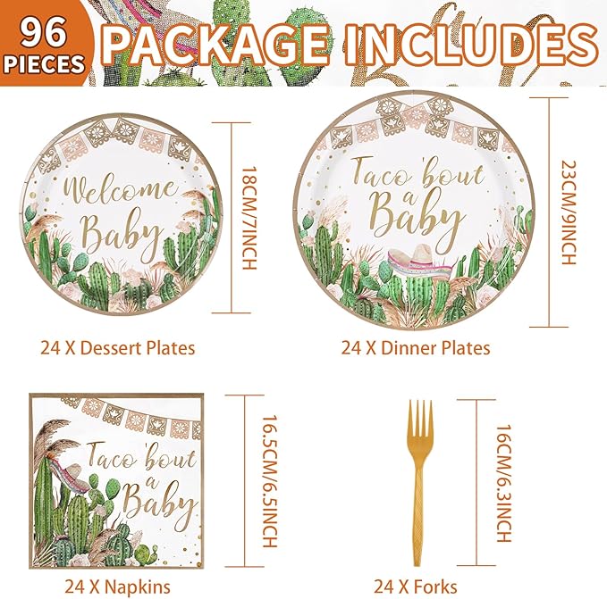 96Pcs Taco Bout a Party Decorations Taco Bout a Baby Plates and Napkins Tableware Sets Mexican Fiesta Party Decorations for Boys Girls Cactus Gender Reveal Birthday Supplies Serve 24