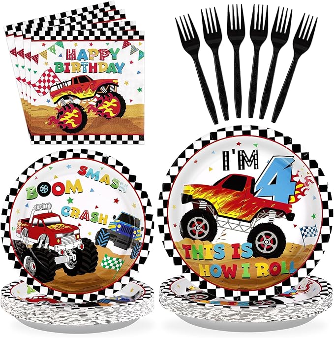 96 Pcs Monster Theme Truck 4th Birthday Party Supplies Monster Theme Truck Plates and Napkins Checkered Tableware Set Monster Birthday Decorations for 4th Kids Boys Monster Theme Truck Party Serves 24