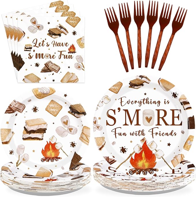 96 Pcs Smore Camping Party Decorations Everything is S'More Fun with Friends Plates and Napkins Camping Themed Tableware Set for Campers Birthday Baby Shower Campfire Bonfire Party Supplies Serves 24