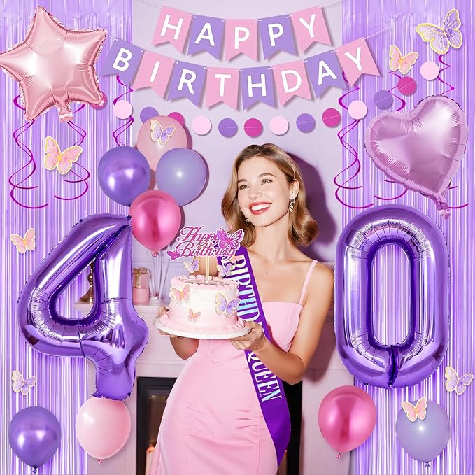 40th Purple Birthday Decorations for Women, Pink and Purple Happy 40 Birthday Party Decorations with Happy Birthday Banner, Number Foil Balloons, Butterfly Cake Topper for 40th Party Supplies