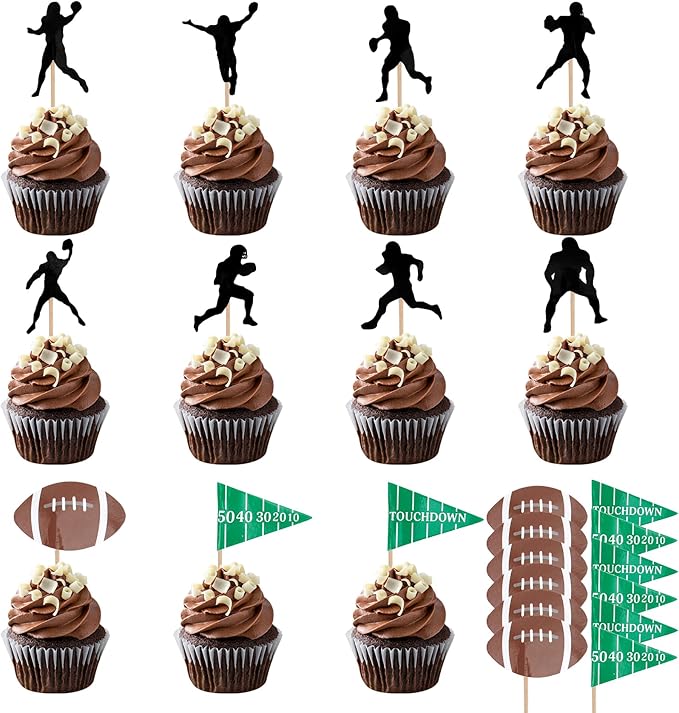 Football Cupcake Toppers, 24 PCS Foot Ball Touchdown Players Cupcake Toppers, Food Picks Toppers Cake Decorations for Football Party Decorations 2026 Sports Themed party Supplies
