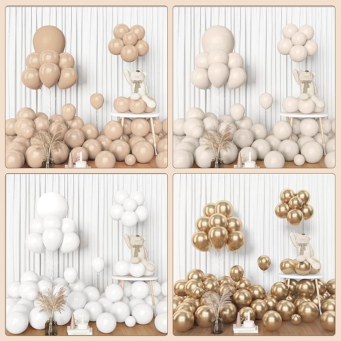 Amandir 153pcs White Sand Balloon Garland Arch Kit, Different Sizes 18 12 10 5 inch Beige Cream Champagne Gold Latex Metallic Confetti Balloons for Boho Neutral Baby Shower Birthday Party Decorations