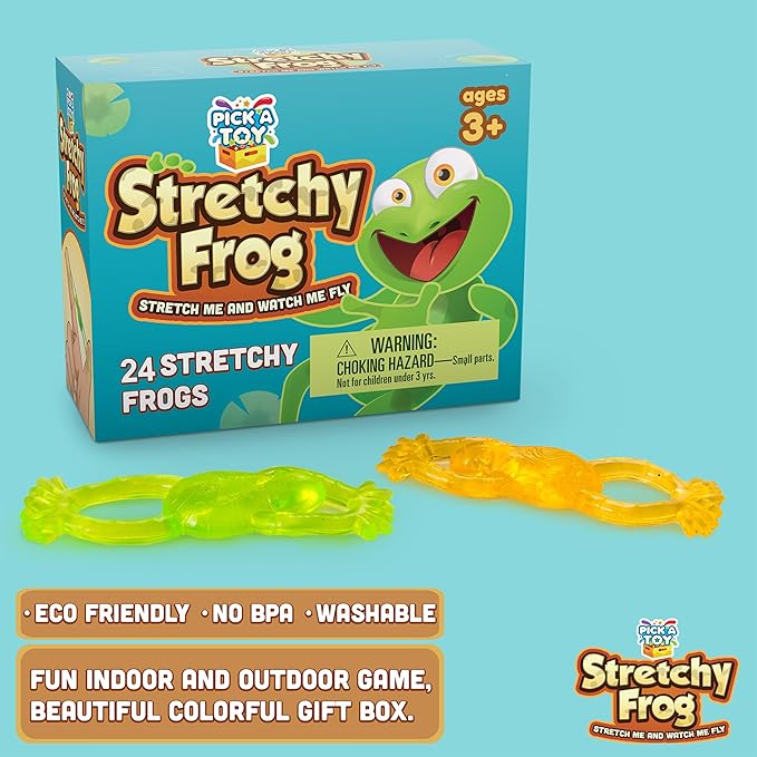 PICK A TOY Slingshot Rubber Frog 24 Set, Sticky Toys You Throw At The Wall, Stretchy Wall Crawler Toy, Party Favors for Kids, Goodie Bags, Pinata Filler, Easter Egg Stuffer