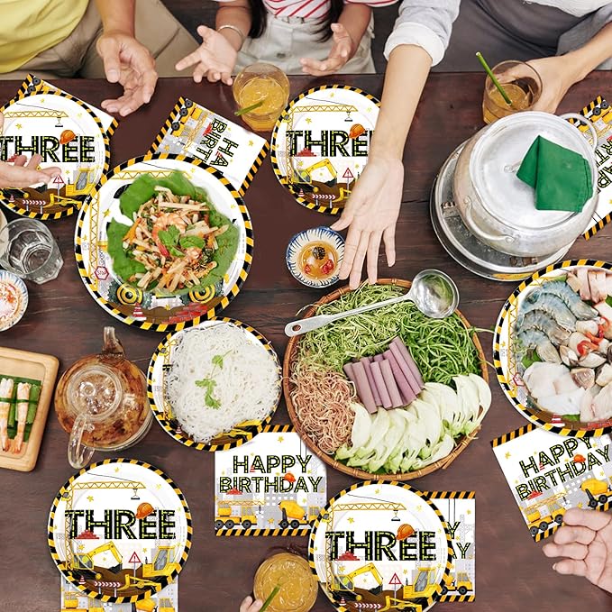 96 Pcs Construction 3rd Birthday Party Supplies Construction Plates Napkins Forks Tableware Set Excavator 3rd Birthday Decorations for Boys Dump Truck Theme 3 Year Old birthday Decorations Serves 24