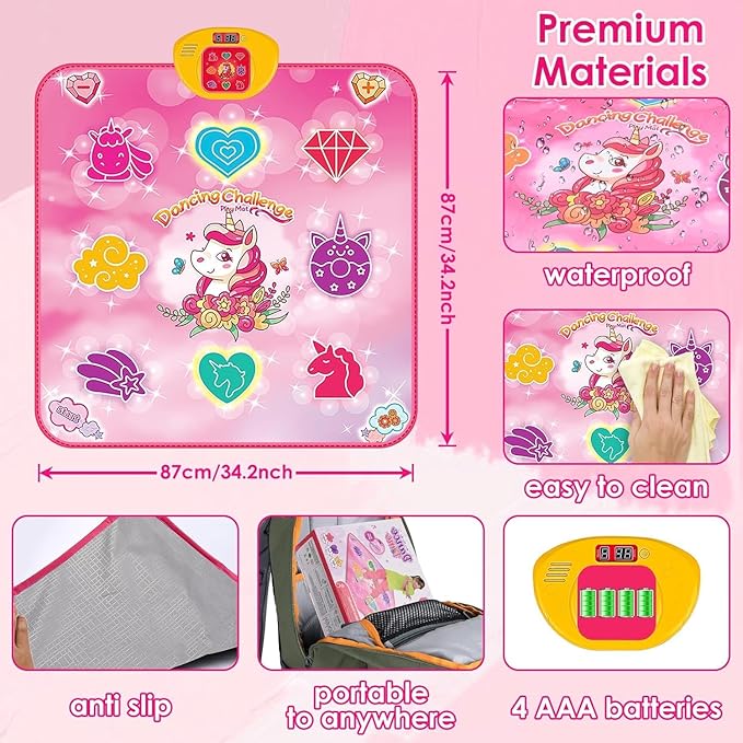 Unicorn Dance Mat Toys for 3 4-7 8 9 10-12 Year Old Girl Birthday Gifts, Pink Music Dance Pad with 6 Game Modes, Electronic Dancing Mat Toys for Girls, Adjustable Volume, LED Light