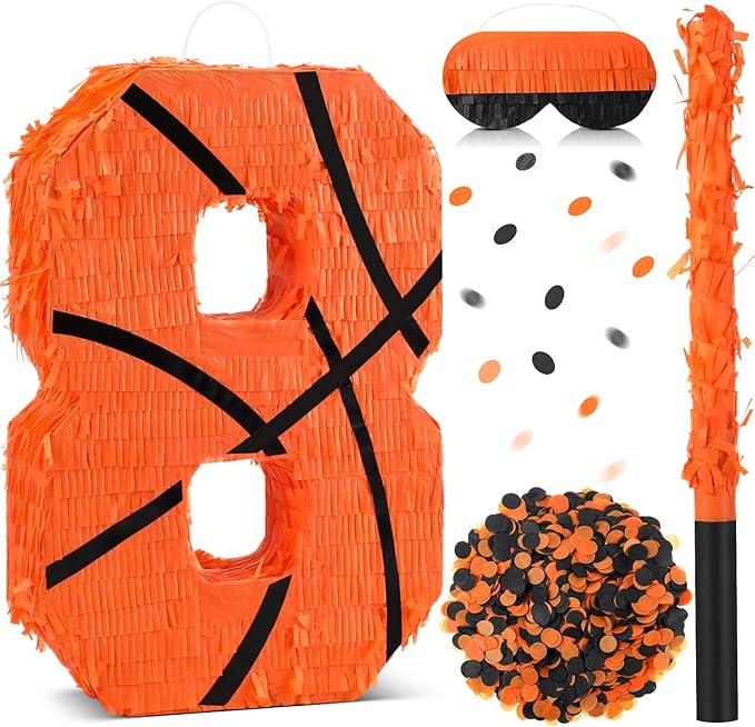 Soulchen Basketball Number 2 3 4 8 Pinata Basketball Party Decorations 16 Inch Piñata with Blindfold Stick and Confetti for Birthday Sports Theme Party Supplies Centerpiece(Number 8)