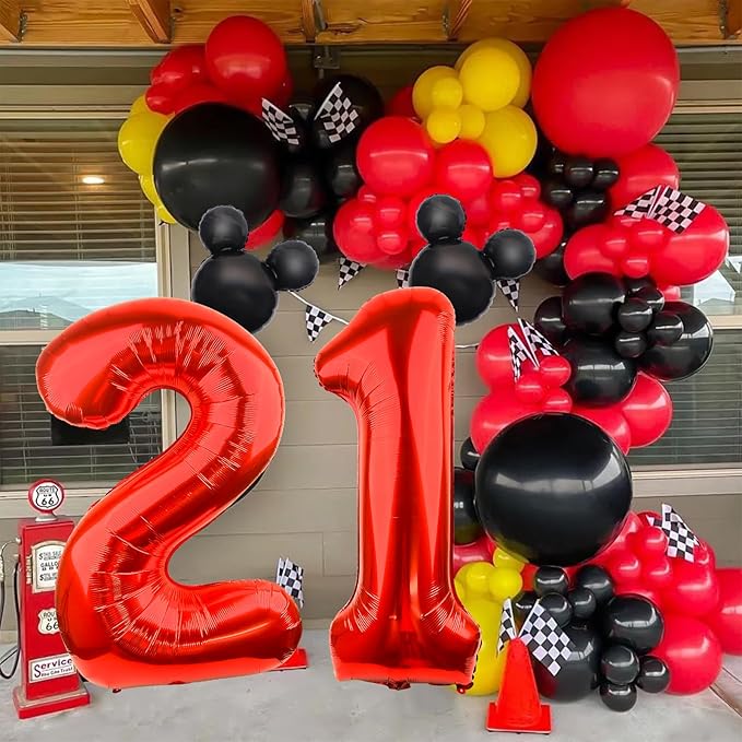 Mouse Number 2 Balloon 40 Inch Red Number 2 Balloon Mini Mouse Head Balloons for 2nd Birthday Party, Black Red Large Numeral Two Foil Balloons for Baby Shower Anniversary Supplies Decoration