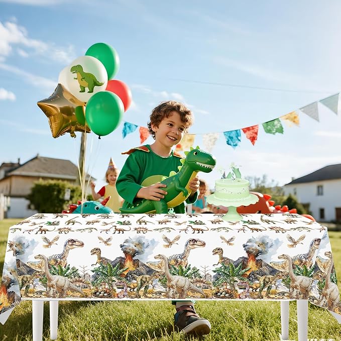 4ps Dinosaur Tablecloths Dinosaur Party Table Covers Dino Birthday Decorations Jungle T-rex Dino Disposable Plastic Table Cloth for Kids Adults Bday Party Picnic Supplies Decor(Dino White)