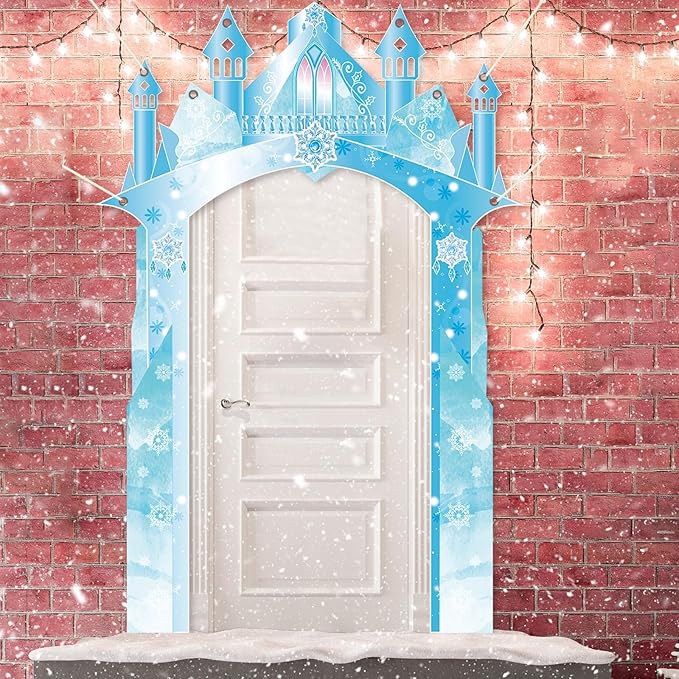 Polyester Fabric 104×70inch Winter Snow Castle Party Door Banner Wonderland Door Decoration Ice Snow Themed Backdrop for Girls Birthday Snowflake Hanging Princess Photo Booth Props Supplies