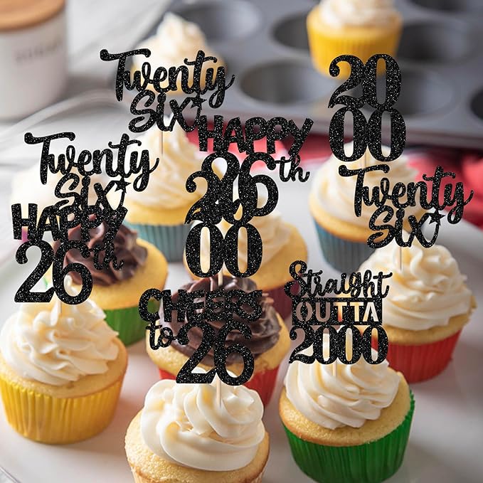 30PCS Black 26th Birthday Cupcake Toppers Glitter Twenty Six Happy 26th Straight Outta 2000 Cupcake Picks for Cheers to 26 Years Birthday Wedding Anniversary Party Cake Decorations Supplies