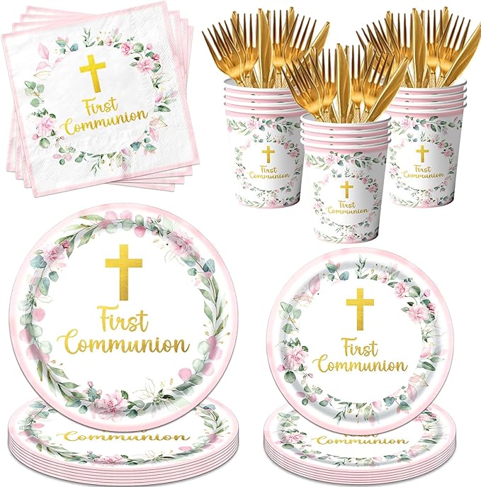 First Communion Decorations for Girls, First Communion Plates and Napkins Pink Primera Comunion Decoracion First Communion Party Supplies for First Holy Communion Baptism Party Decorations Serves 25
