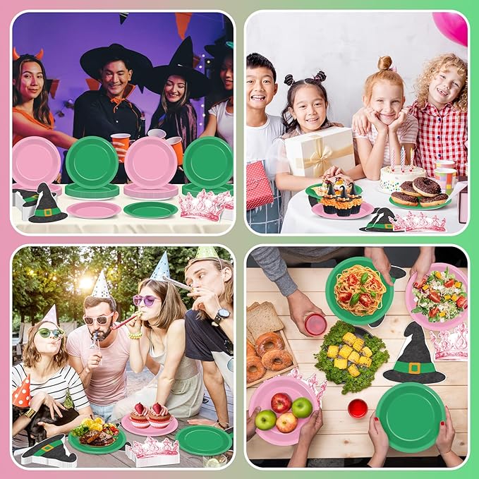 100 Pcs Pink and Green Party Supplies Halloween Witch Paper Plates and Napkins Crown Witch Hat Shape Napkin Disposable Dessert Cake Tableware Set for Women Girls Birthday Baby Shower Party Decorations